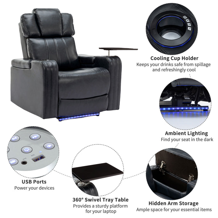 Power Recliner Theater Chair With Cooling Cup Holder, Bluetooth Speaker, LED Lights, USB Ports