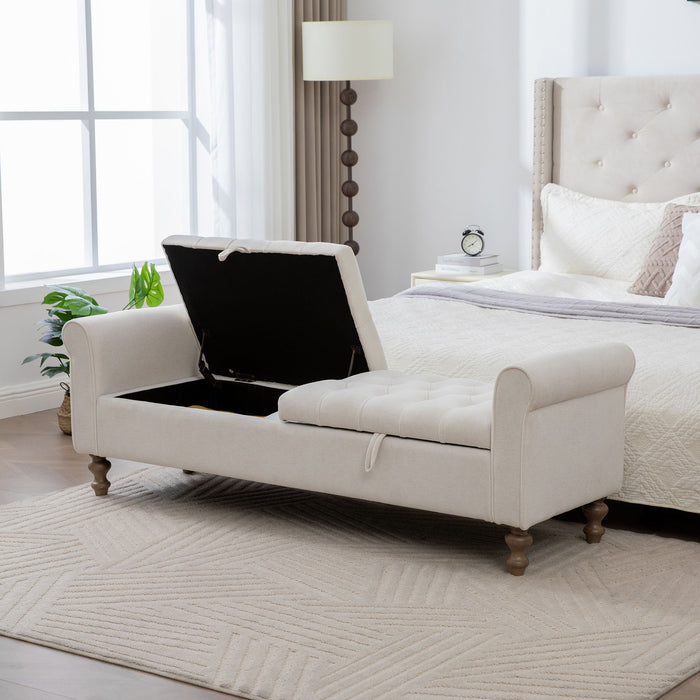 Modern Upholstered Storage Bench With Rolled Armrests]