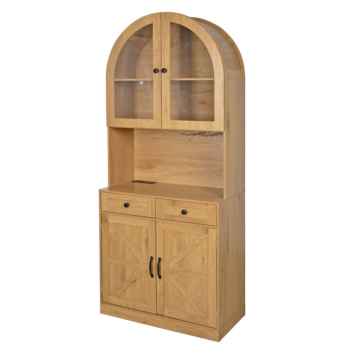 Tall Arched Pantry Cabinet With Charging Station, Adjustable Shelves, Coffee Bar