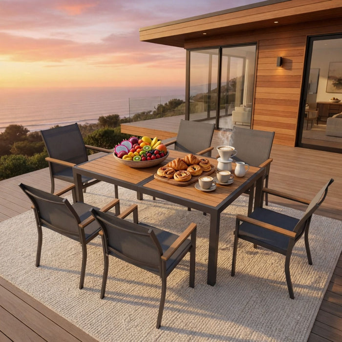 7 Piece Gray Aluminum Patio Dining Set With Textilene Chairs For Outdoor Living Frame With Accents, 59" Rectangle Table, All Weather Durable