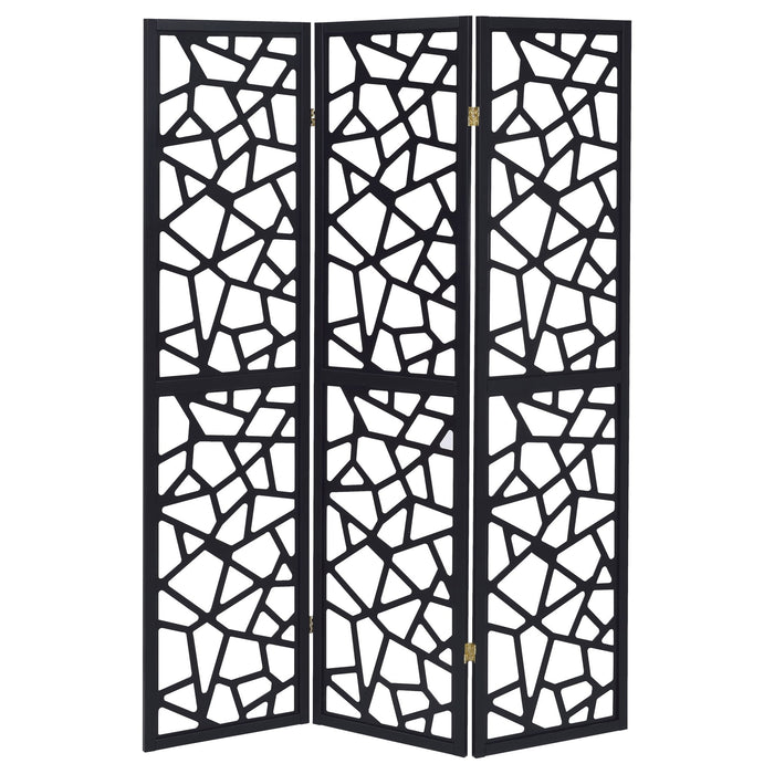 3 Panel Folding Screen With Mosaic Cutout Design - Black
