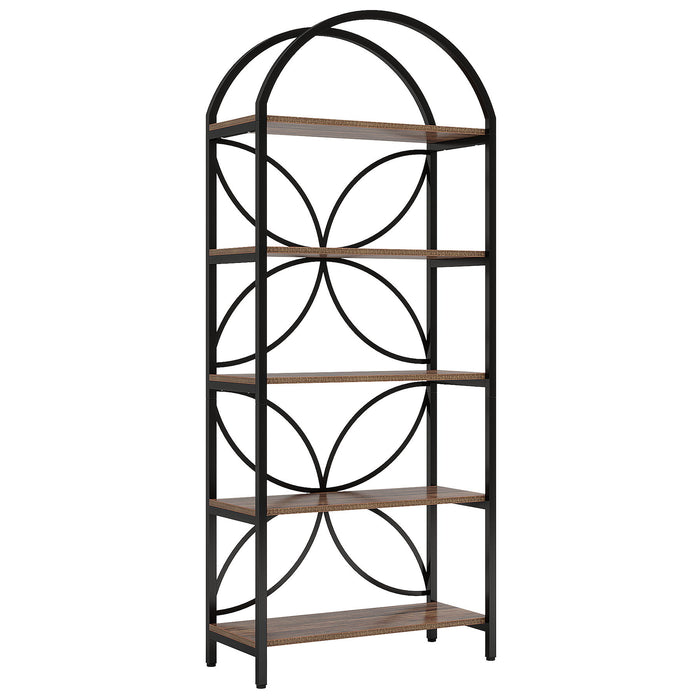 Tall 5 Tier Arched Bookshelf With Shelves For Living Room - Rustic Brown