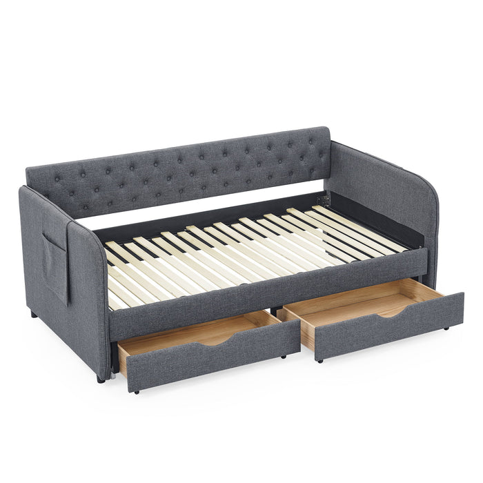 Daybed With Trundle And Storage Drawers, Flat Arms With Pocket