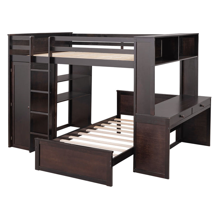 Loft Bed With A Twin Size Standalone Bed, Shelves, Desk, And Wardrobe