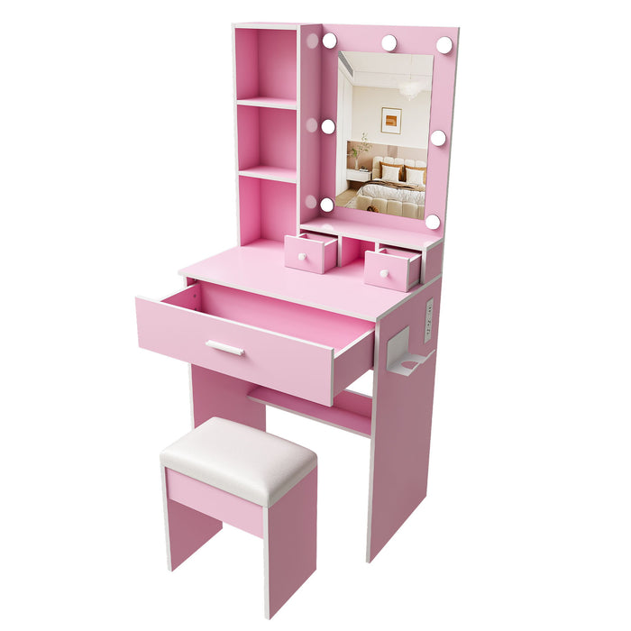 Vanity Table With Mirror, Adjustable LED Lights, Power Outlet, Hairdryer Holder & Stool