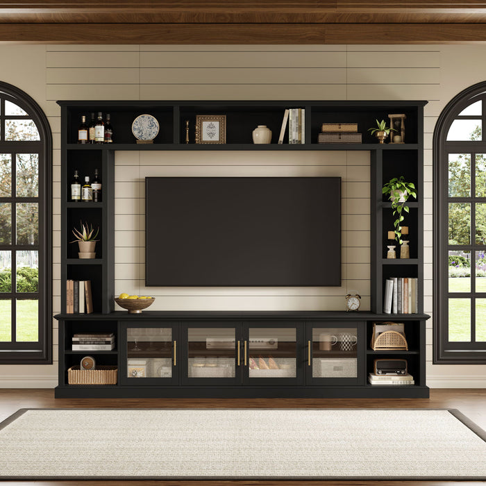 All-In-One Entertainment Center With Bookshelves & Tempered Glass Doors, TV Console Unit For Living Room