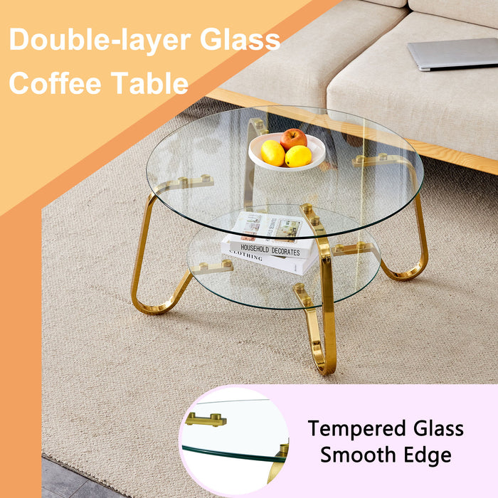 Retro Minimalist Style Metal Frame Double Layer Tempered Glass Coffee Table