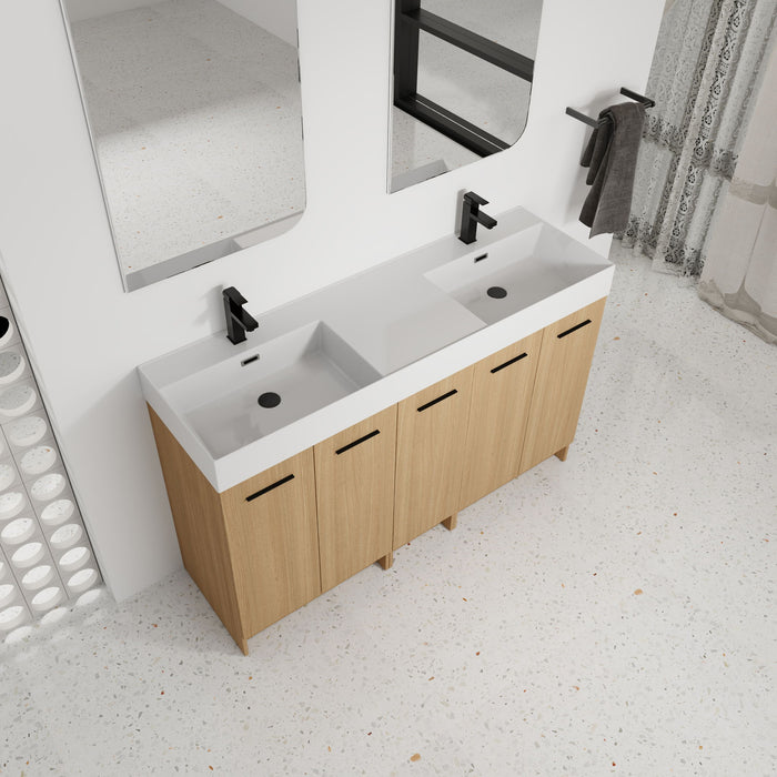 Double Sink Bathroom Vanity With Extra Large Storage, Integrated Sink, Freestanding Cabinet, Soft Close Doors - Glossy White / Light Oak