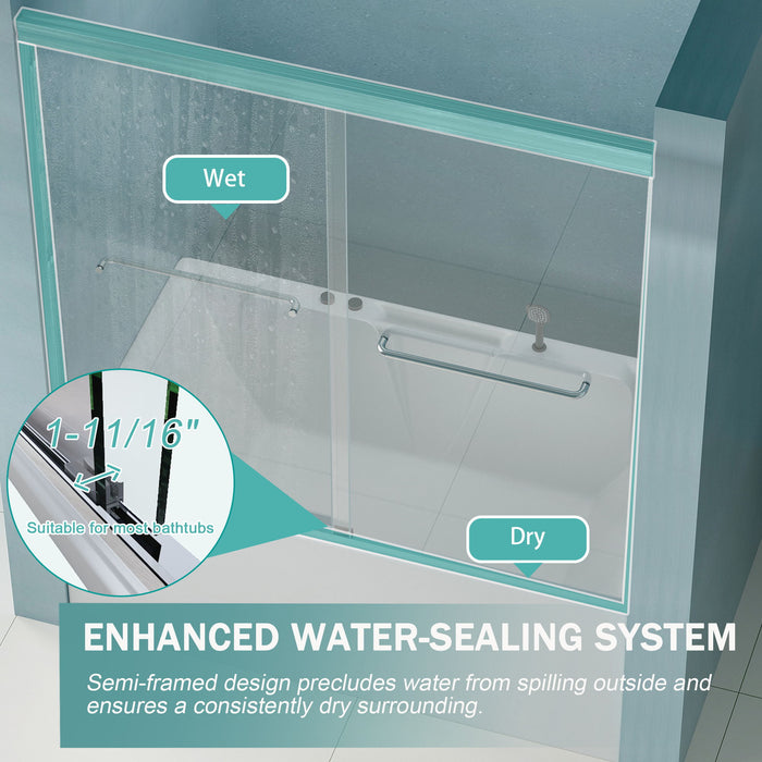 Double Sliding Bathtub Shower Door, Semi Frameless Bypass, 1 / 4" (6Mm) With Explosion - Proof Film, Adjustable Aluminum Alloy Frame