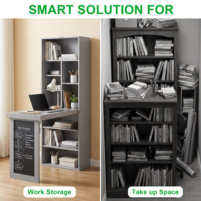 Folding Desk With Storage, Foldable Convertible Writing Table With Blackboard And Shelves For Home Office