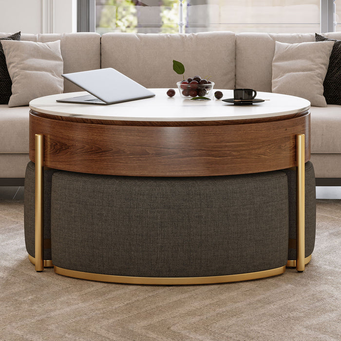 Lift Top Round Coffee Table With Hidden Storage, 3 Upholstered Nesting Ottomans - Brown / Gray / Golden / White