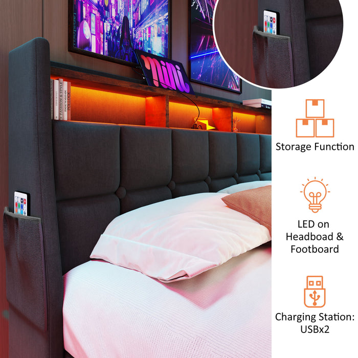 Queen Size Upholstered Platform Bed With A Hydraulic Storage System, LED And USB Charging (Without Mattress) - Gray
