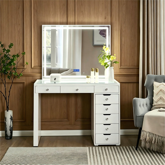 Makeup Vanity Desk With LED Lighted Mirror, 9 Drawers For Bedroom - Gloss White