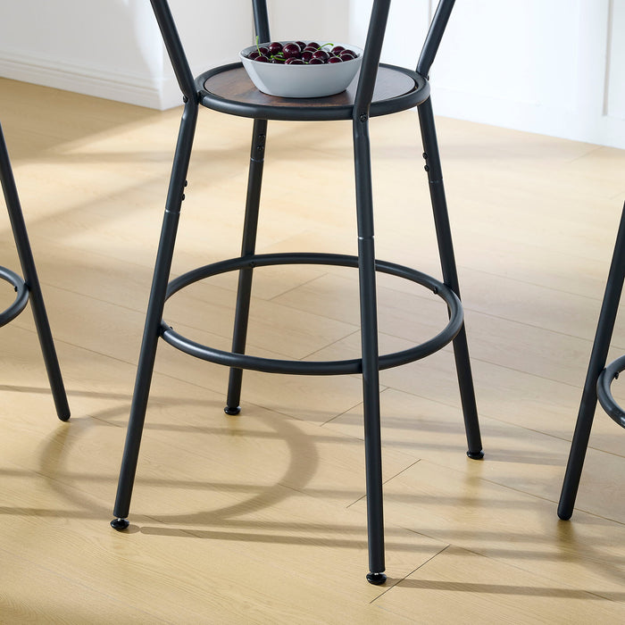 Rustic Brown Round Bar Table And Stool Set With Shelf, Upholstered Stool With Backrest - Antique Brown