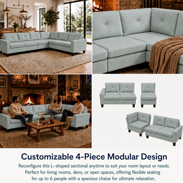 Modular L - Shaped Sectional Sofa 6 Seater 4 Piece, Couch With Chaise - Green