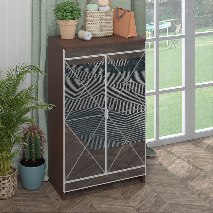 Elegant Decor Mirrored Shoe Cabinet With Edging Double Door Storage Cabinets Glass - Brown / Silver / Gray
