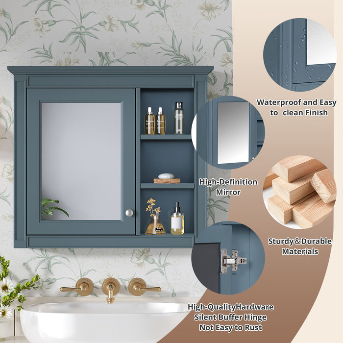 Wall-Mounted Medicine Cabinet With Mirror, Adjustable Shelves, Rectangular Design - Blue