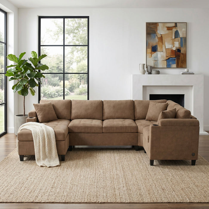 U Shaped Sectional Sofa, Corner Living Room Couch With Built In Cup Holders, Storage, USB Ports