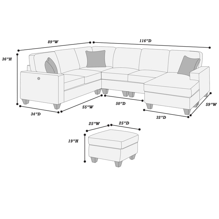 Left Arm Facing Loveseat With USB Port And Storage Sectional Set With Corner Wedge Armless Chair And Cocktail Ottoman - Fog