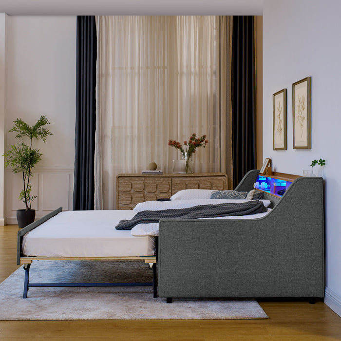 Upholstered Sofa Bed With LED Lights, Storage Headboard, Foldable Trundle & Wireless Charging