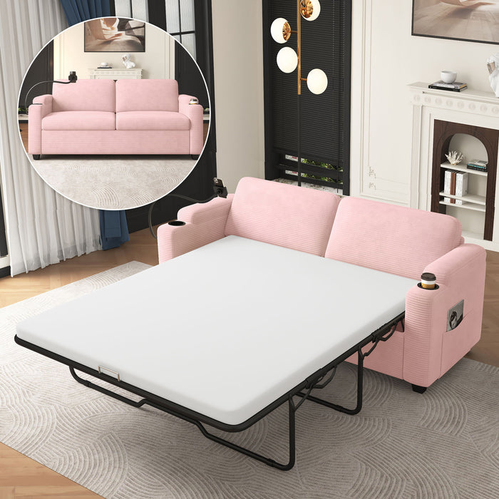 Sleeper Sofa Loveseat Sofa With Full Size Mattress, 2 USB Ports, 2 Cup Holders, 2 Side Pockets And Phone Holder