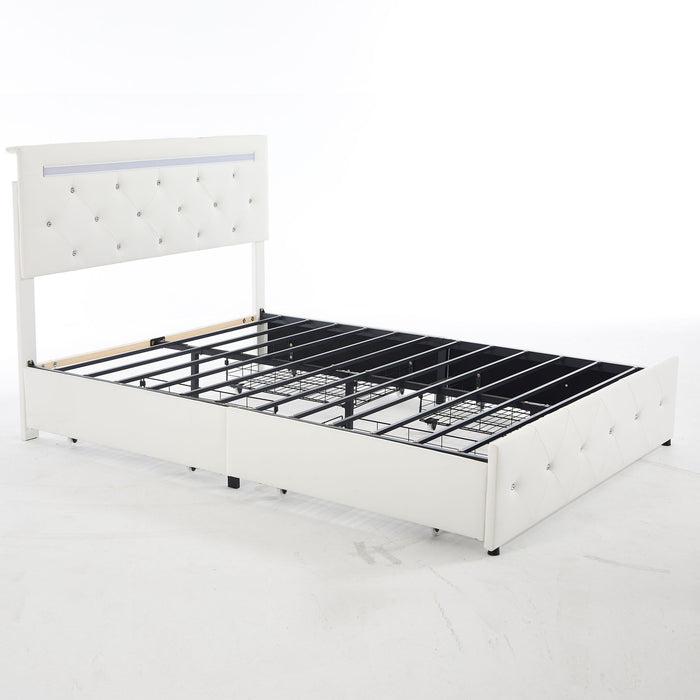 Upholstered Bed Frame With LED Lights, 4 Storage Drawers, Charging Station