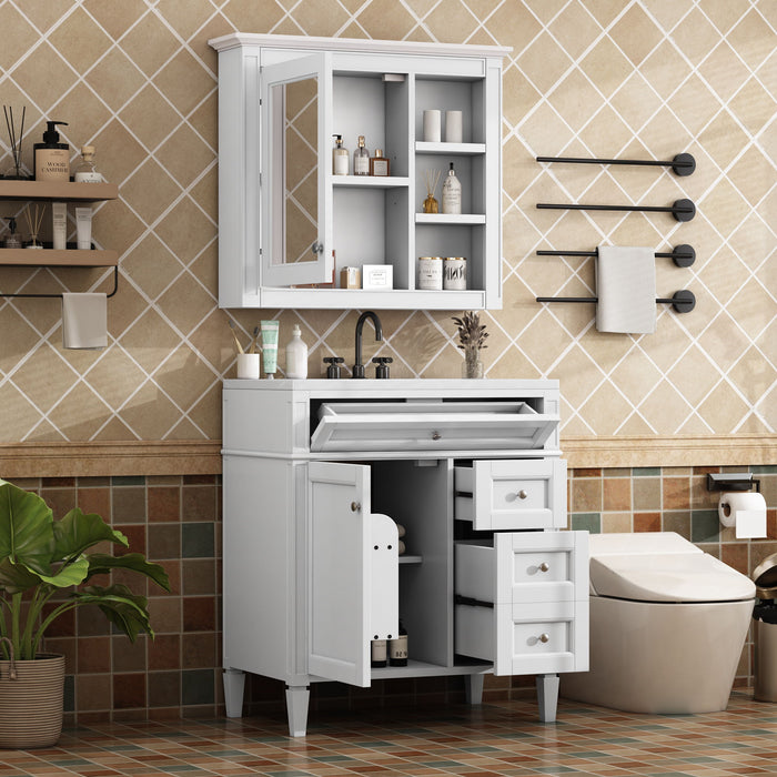 Bathroom Vanity With Top Sink, Storage Cabinet With 2 Drawers And Tip Out Drawer, Freestanding Set With Mirror Cabinet