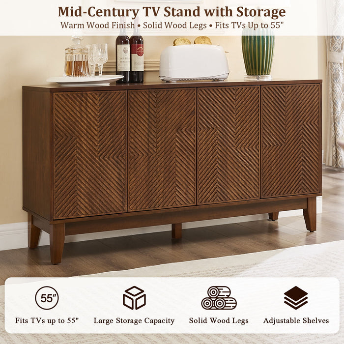 TV Stand With Carved Geometric Doors Storage Cabinet, 4 Door Media Console For Living Room - Walnut