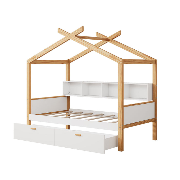 House Bed With Bookshelf Storage