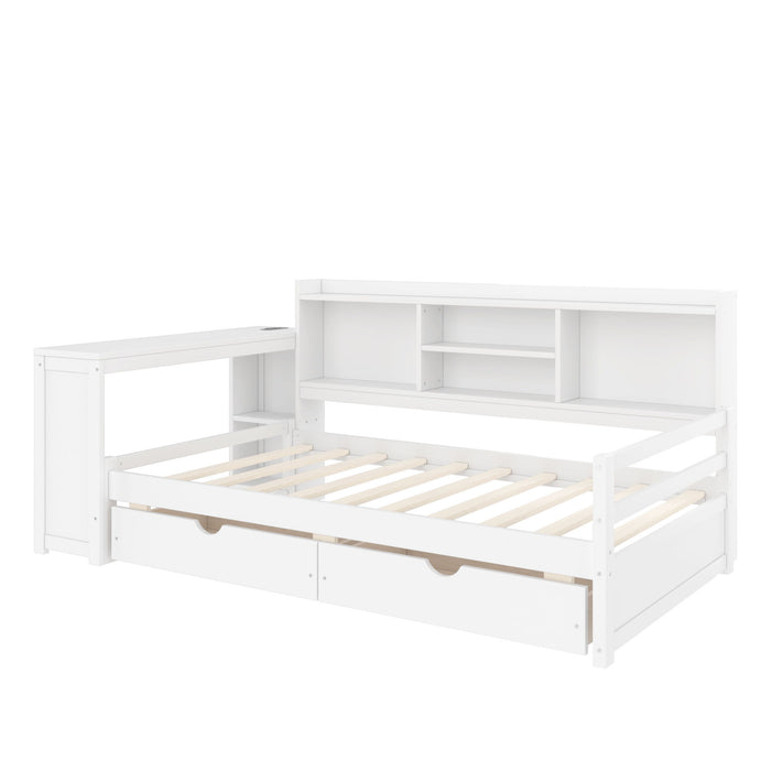 Corner Daybed With Storage Drawers, Desk, Charging Port & Bookcase