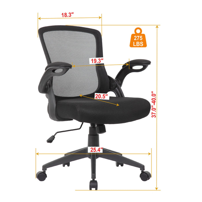 Office Chair With Mid Back Design, Adjustable Height And Foldable Armrests - Black