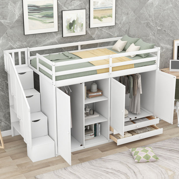 Loft Bed With 3 Shelves, 2 Wardrobes, 2 Drawers, Ladder Storage