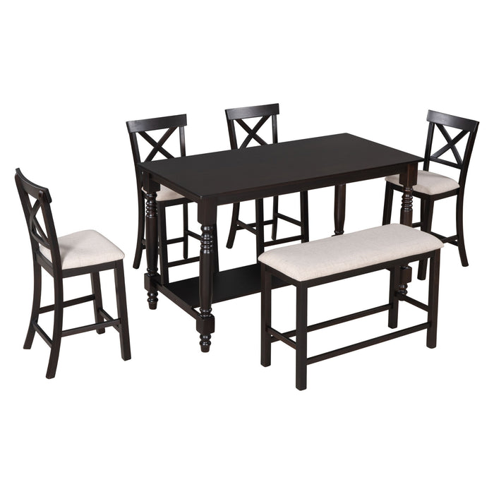 Counter Height Dining Set With Shelf, 4 Chairs And Bench