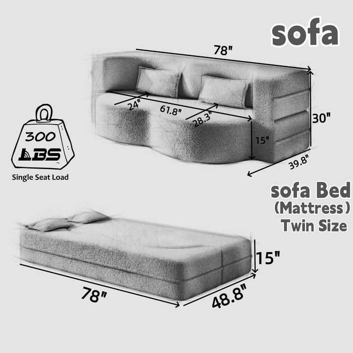 Modern Floor Sleeper Sofa Bed With 2 Pillows, Convertible Twin Size Folding Mattress For Living Room
