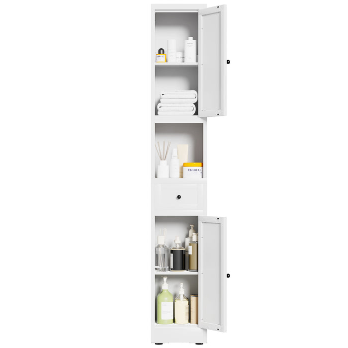 Tall Bathroom Storage Cabinet, 5-Tier Narrow With 2 Doors & Adjustable Shelves, Freestanding - White