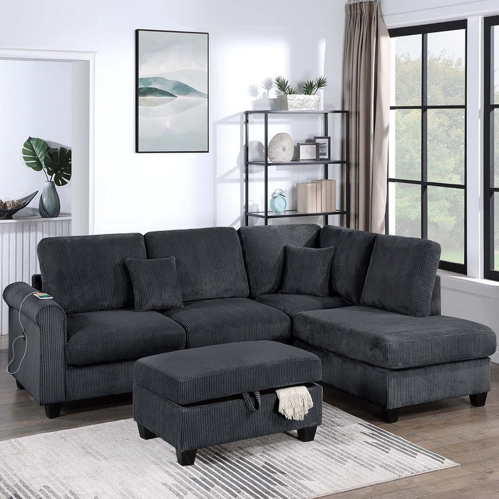Contemporary Sectional Set With Right Arm Chaise, Left Arm Sofa With USB Port, Storage Ottoman