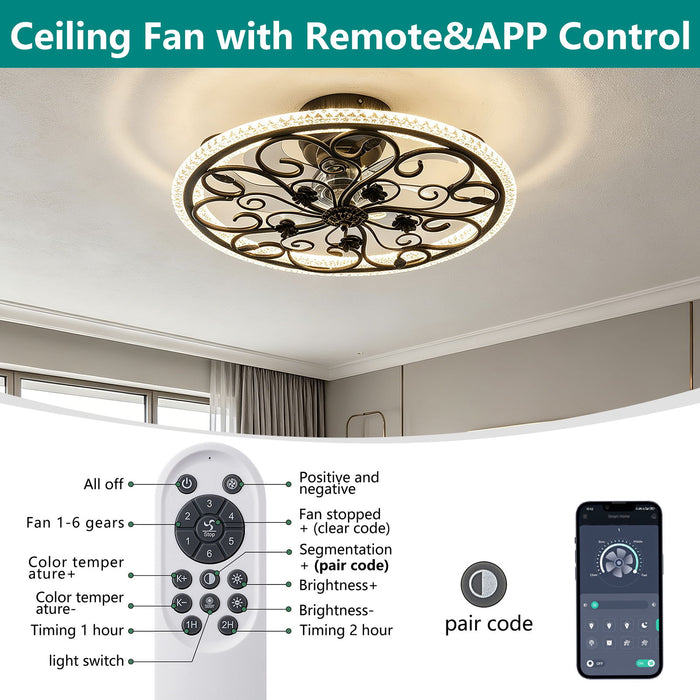 Flower Caged Ceiling Fan With LED Light And Remote Control - Matte Black