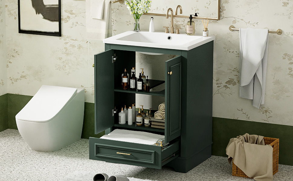 Bathroom Vanity With Ceramic Sink Combo, Modern Freestanding Storage Cabinet With Silver Handles