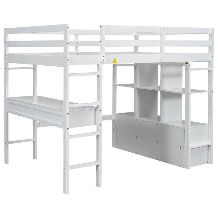 Full Size Loft Bed With Built In Desk, 2 Drawers, Storage Shelves - White
