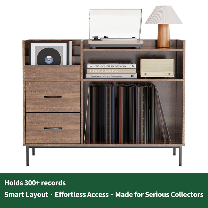 Grain Record Player Stand, Media Console With Speaker Shelf & 2 Drawers