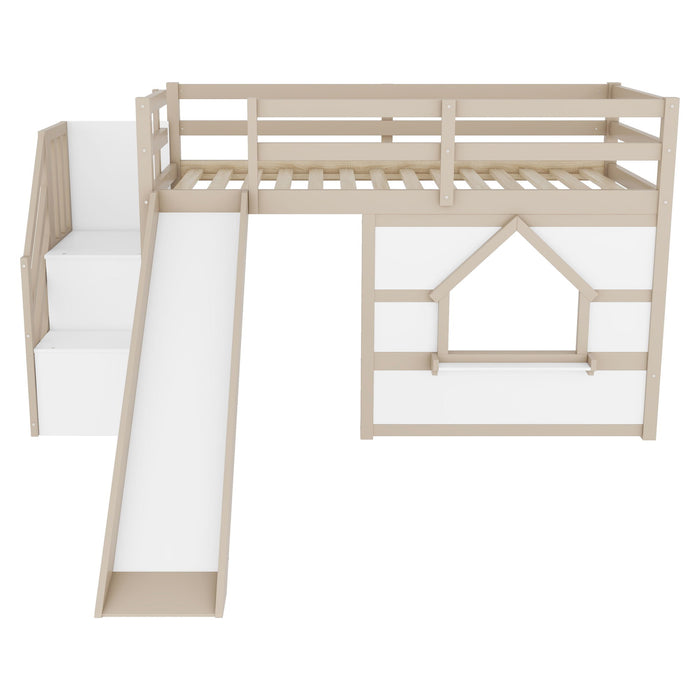 Loft Bed With Storage Stairs, Slide, Playhouse Window And 7 Colors LED Lights