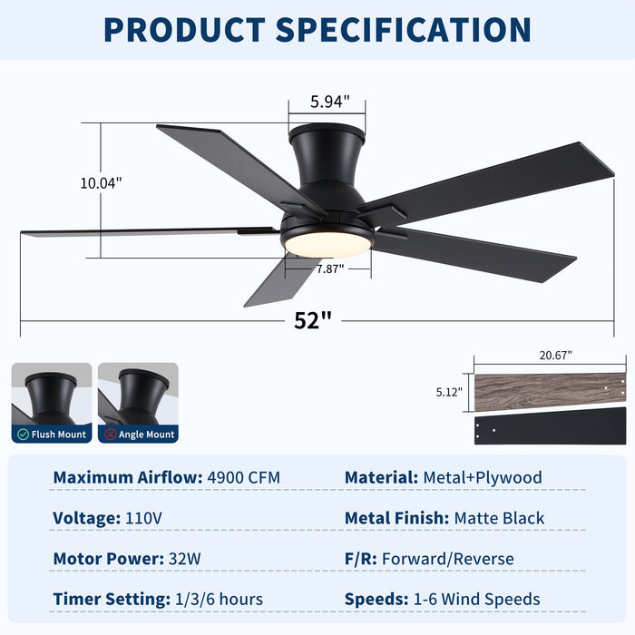 Low Profile Flush Mount Intergrated LED Ceiling Fan With Light And Reversible Quiet Motor