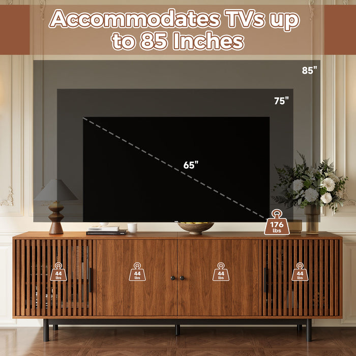 TV Stand, Media Console & Soft Closing Hinges, Adjustable Shelves, Slatted Doors - Walnut