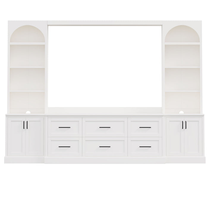 Arched Entertainment Center Wall Unit With 6 Drawers, Large TV Stand With Bookshelves