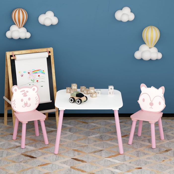 Table And Chair Set, 3 Piece Wooden Toddler Desk With Animal Backrest - Pink / White