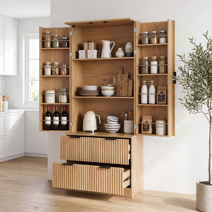 Fluted Kitchen Pantry Cabinet With 2 Large Drawers & 8 Door Spice Rack Freestanding Storage Organizer - Oak