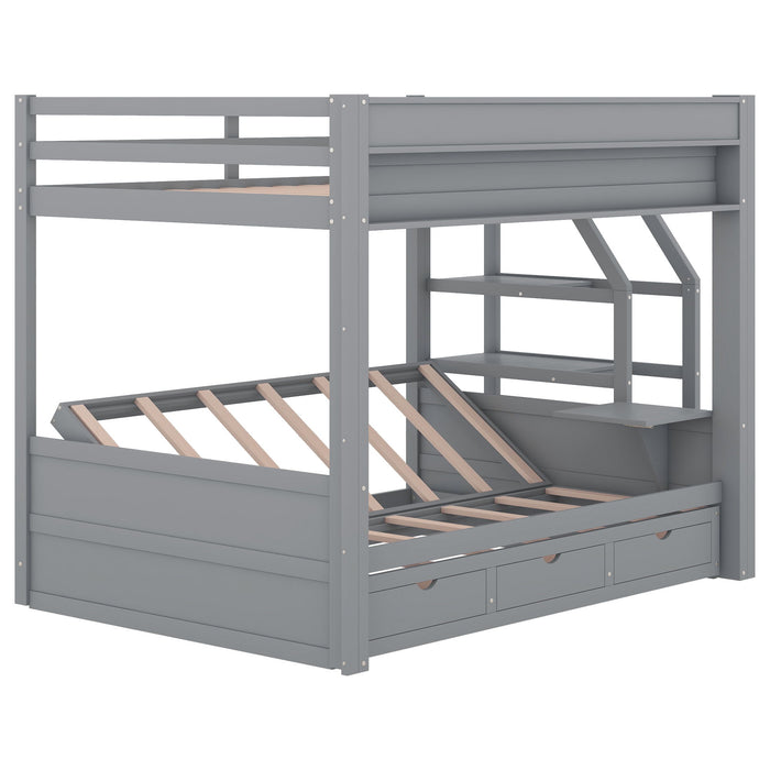 Wood Full Size Convertible Bunk Bed With Storage Staircase, Bedside Table, And 3 Drawers - Gray