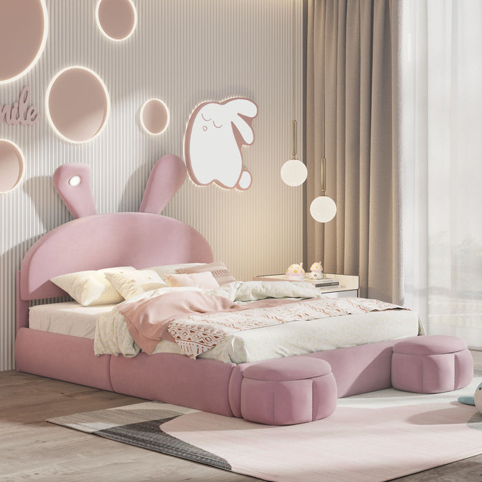 Upholstered Platform Bed With Cartoon Ears Shaped Headboard And LED Light