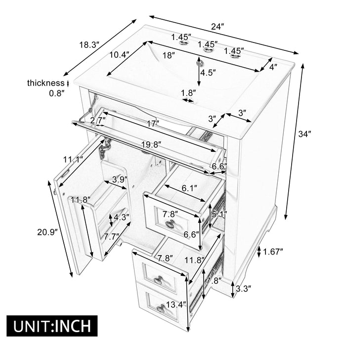 Modern Bathroom Vanity With Sink, 3 Drawers & Cabinet With 2 Tier Door Storage