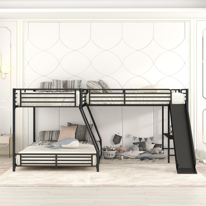 L-Shaped Twin Over Full Bunk Bed With Twin Loft, Built In Desk And Slide - Black